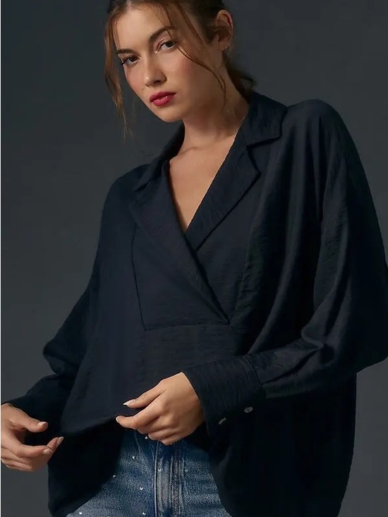 Anthropologie Tops - Anthropologie Dylon Long Sleeved Black Draped V-Neck Blouse